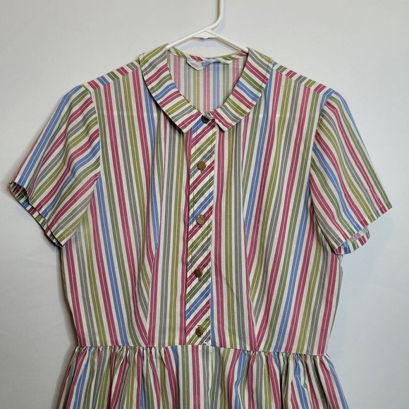 Vintage Dress Sears Perma Prest Stripes Peter Pan Collar Button Front Size 12/14 - Picture 2 of 9